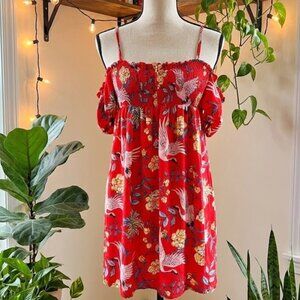 Love Tree Red Crane Peony Print Smocked Mini Dress Boho Festival Japancore